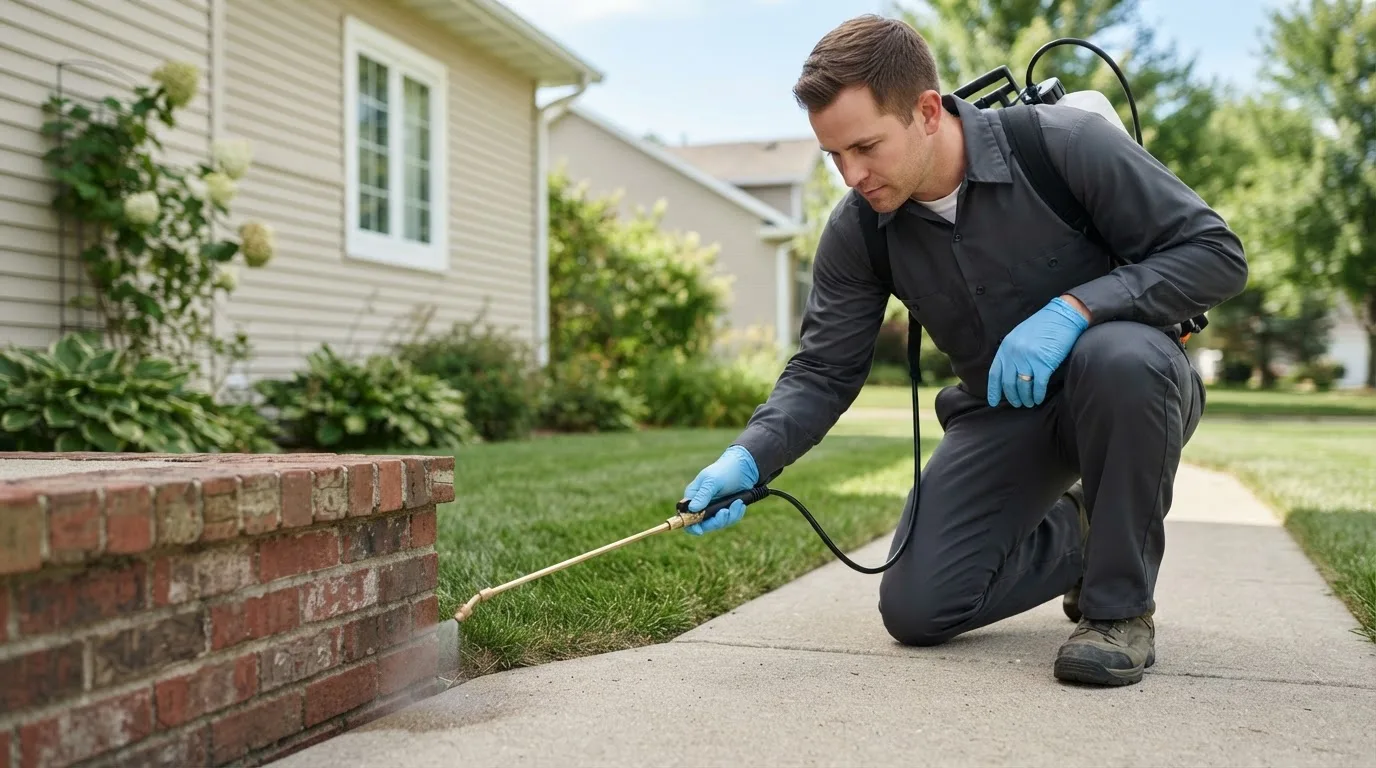 Pest control technician treating a home near Utica, SD
